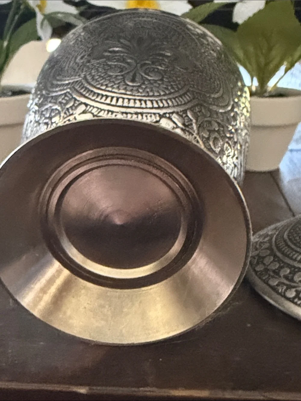 Ornate Embossed Lidded Vase in Antique Silver Tone
